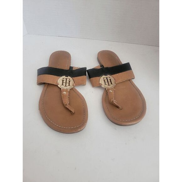 Tommy Hilfiger Women's Tan Black Twsianne Vegan Leather Sandals Size 7.5 - Picture 1 of 6